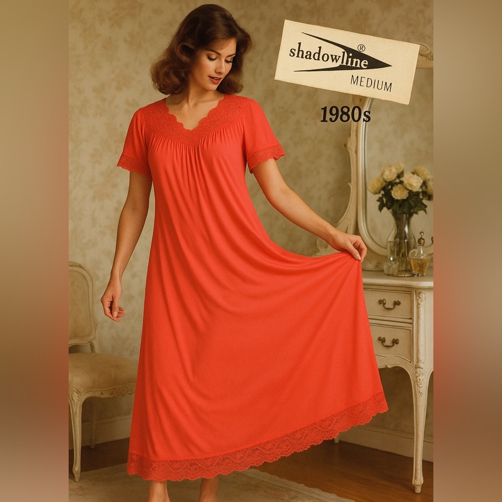 Shadowline Coral Red Lace Nightgown | Vintage M